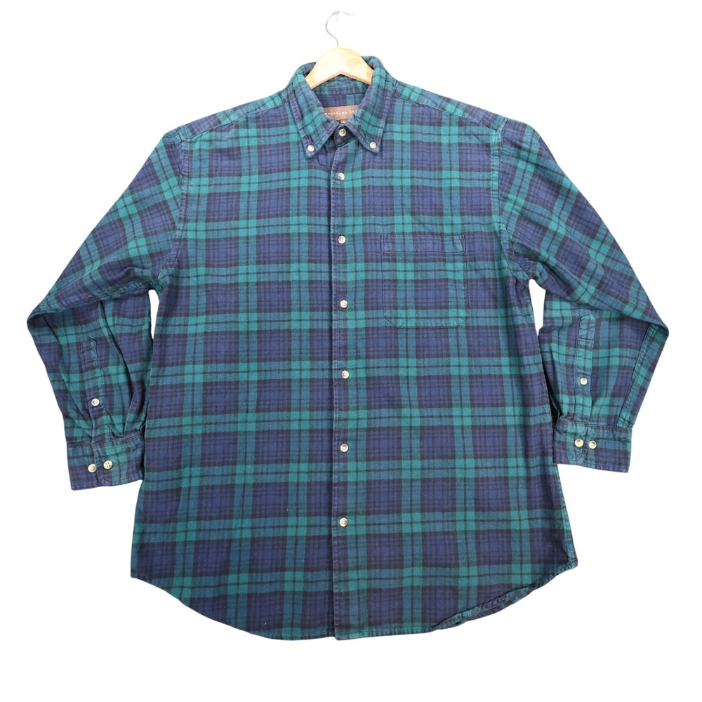 Woodland Trail Flannel Shirt Mens Large Green‎ Blue Cotton Plaid Button Down
